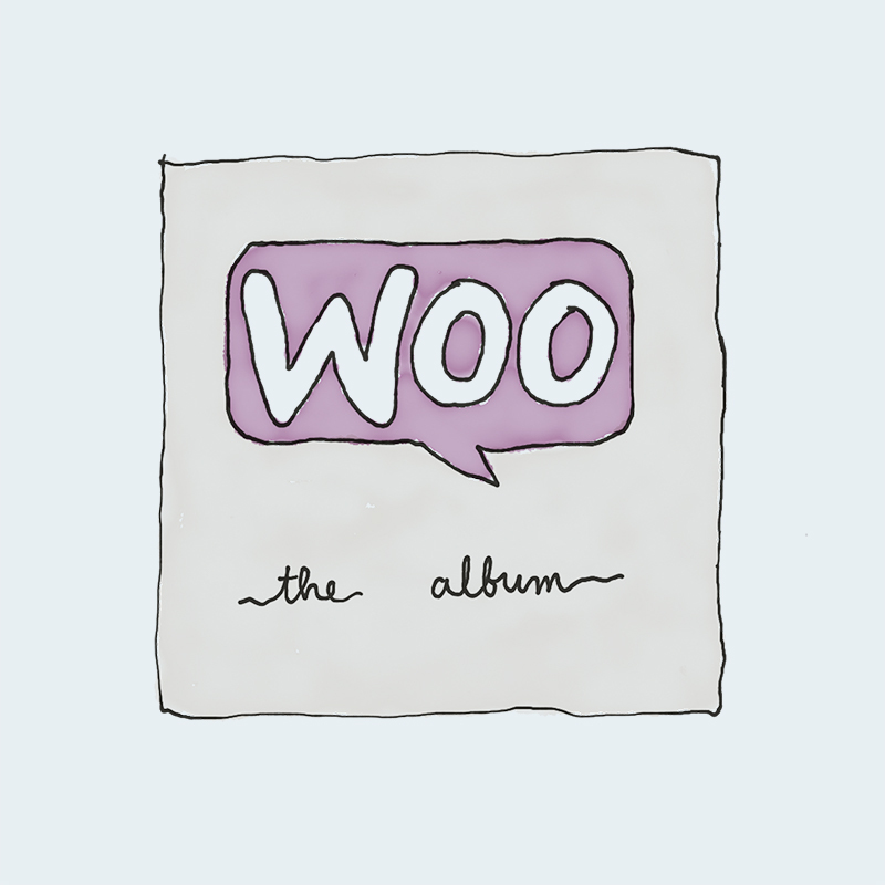 album-1.jpg Portada de álbum con texto "WOO" en globo de diálogo y "the album" debajo.