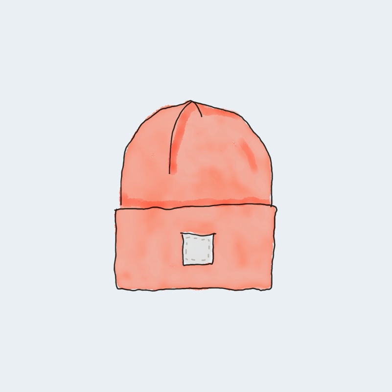 beanie-2.jpg Dibujo de un gorro de lana rosa con etiqueta cuadrada.