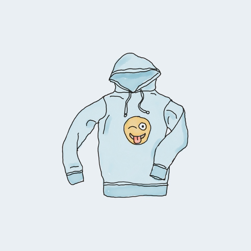 hoodie-with-logo-2.jpg Sudadera azul con emoji de guiño y lengua afuera.
