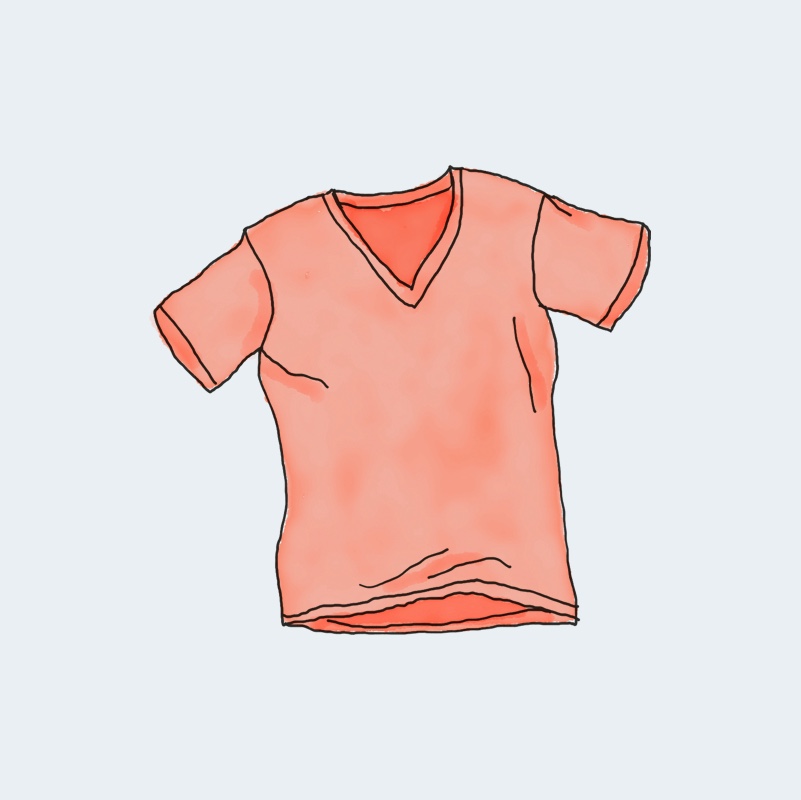 vneck-tee-2.jpg Ilustración de una camiseta color salmón con cuello en V.